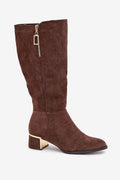 bottes femme suède chocolat tige mi mollet bout amande talon bloc bas insert doré miroir fermeture éclair latérale