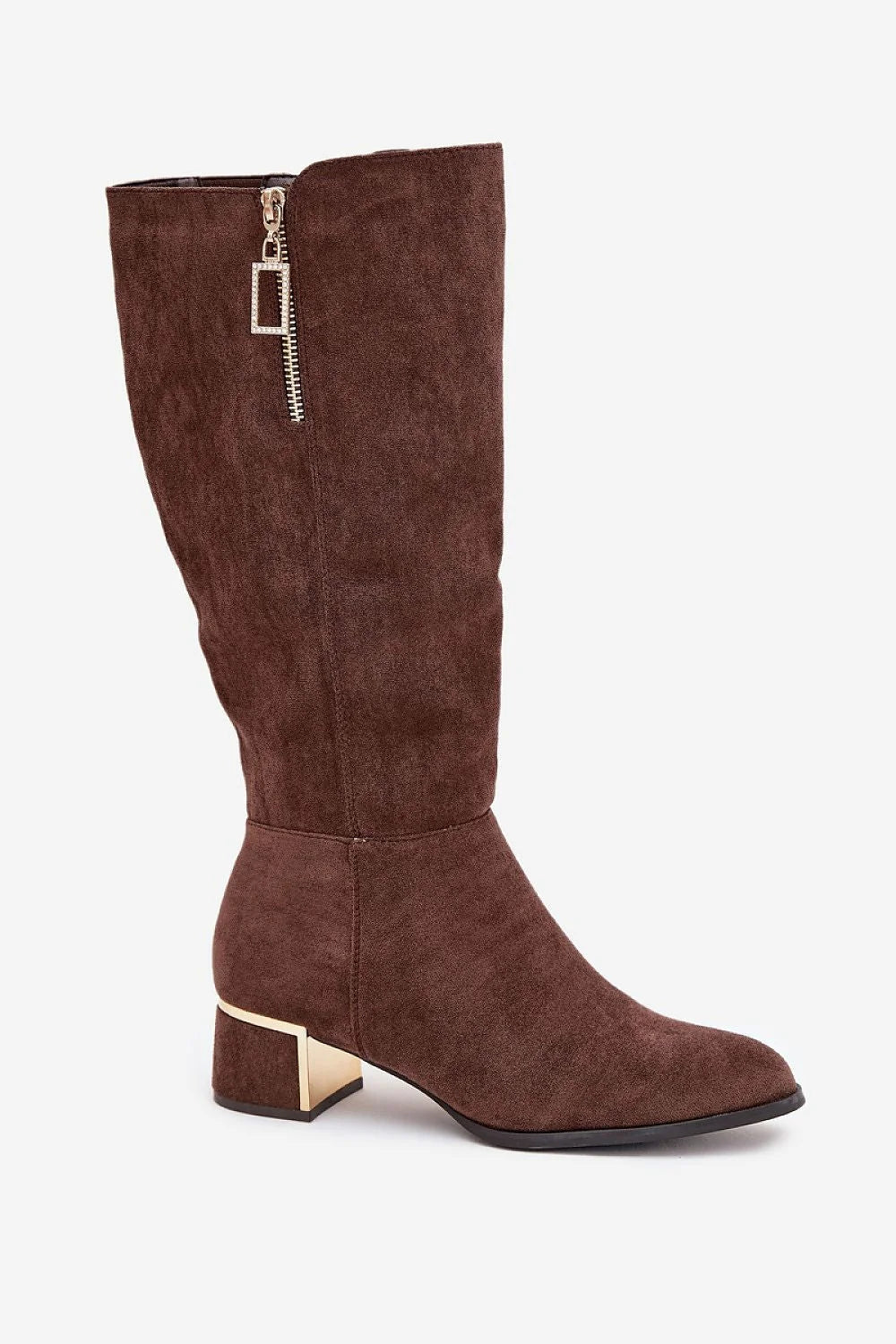 bottes femme suède chocolat tige mi mollet bout amande talon bloc bas insert doré miroir fermeture éclair latérale