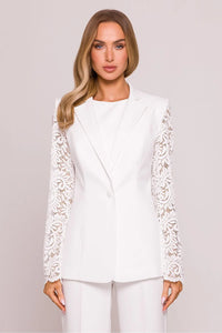 Veste Moe élégante pour femme en dentelle manches longues style formel col classique blanc pur