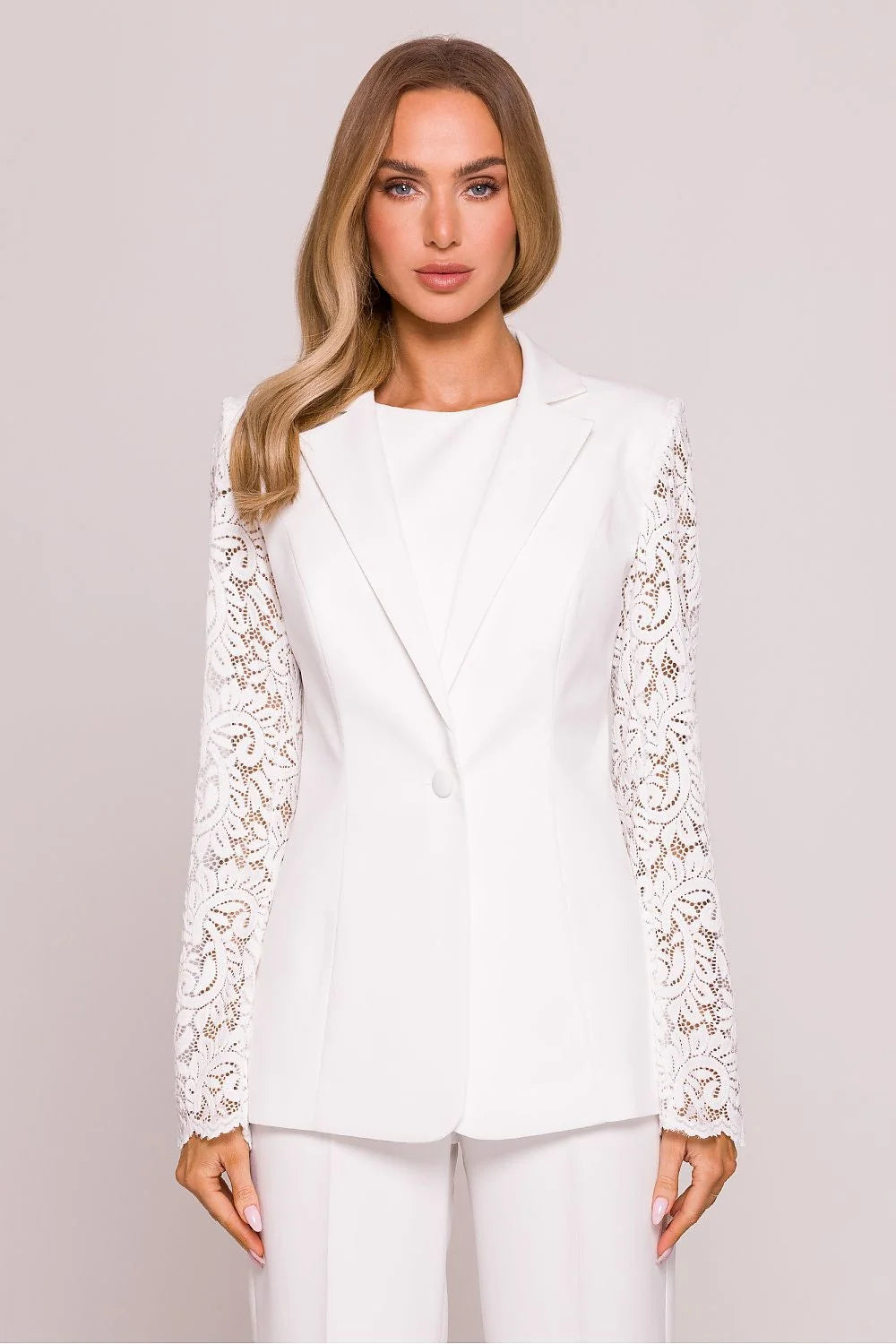 Veste Moe élégante pour femme en dentelle manches longues style formel col classique blanc pur