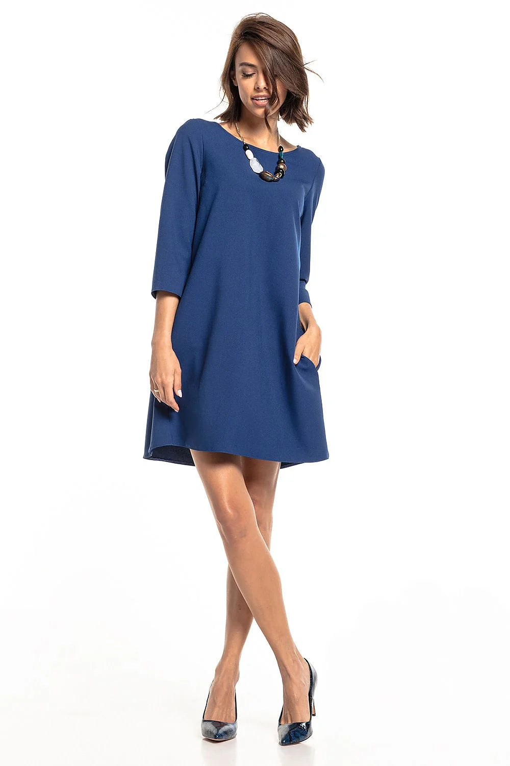 Robe ample polyester vert foncé style trapèze manches trois-quarts élégante chic pour toutes occasions
