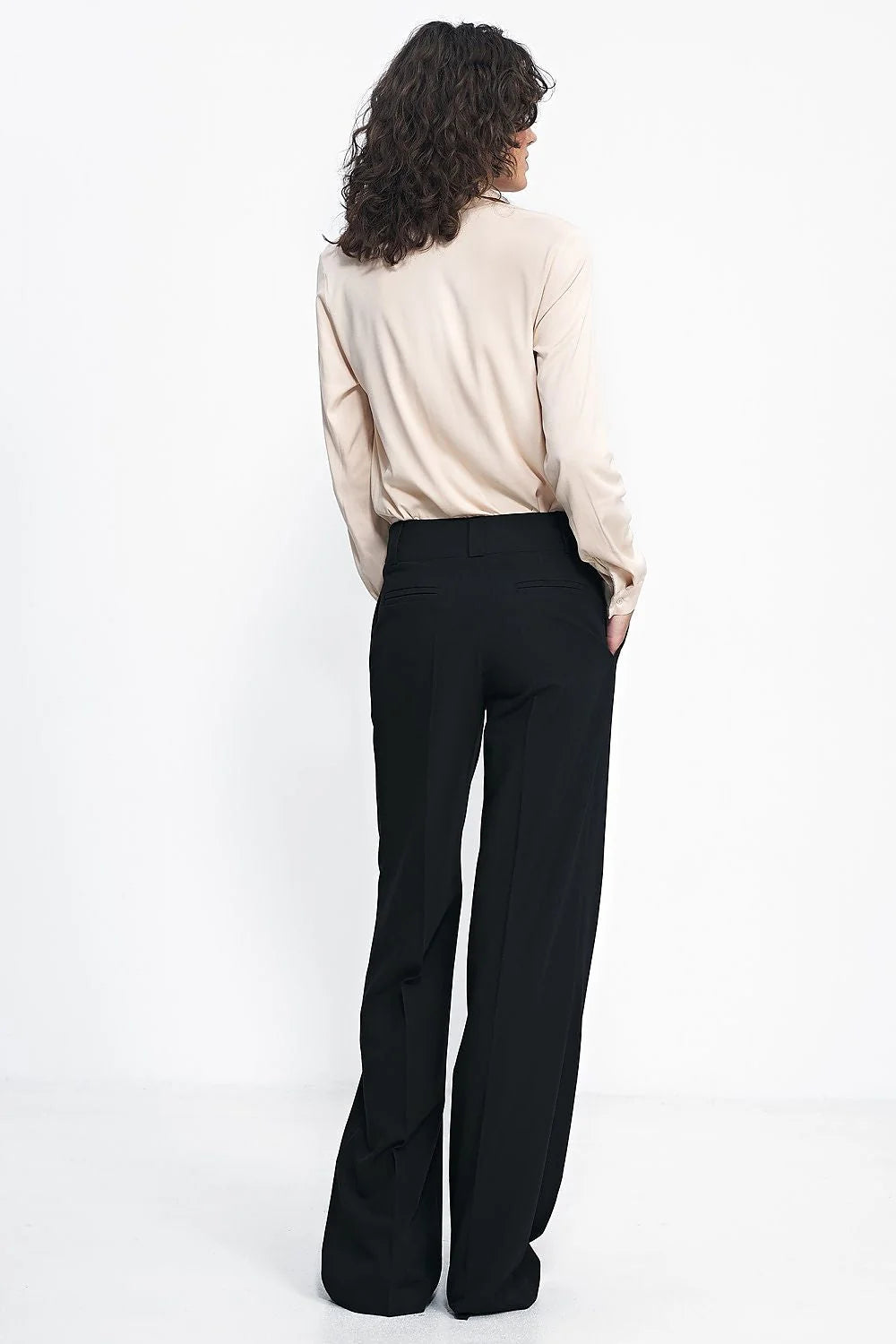 Pantalon long Nife style tailleur élégance professionnelle femme noir profond jambes larges taille haute ceinture ajustable matière confortable