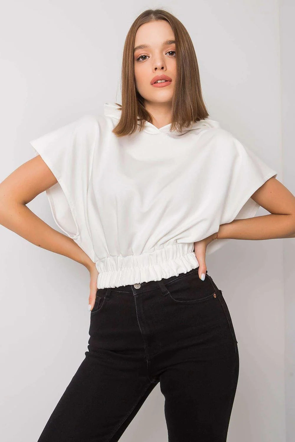 Sweatshirt femme Fancy style moderne couleur turquoise large manches courtes capuche élastique coton polyester