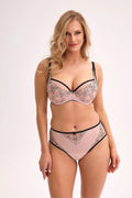 soutien gorge balconnet armatures semi rembourré rose poudré broderie florale noire brodé décolleté bretelles réglables bande ajustable culotte mi haute