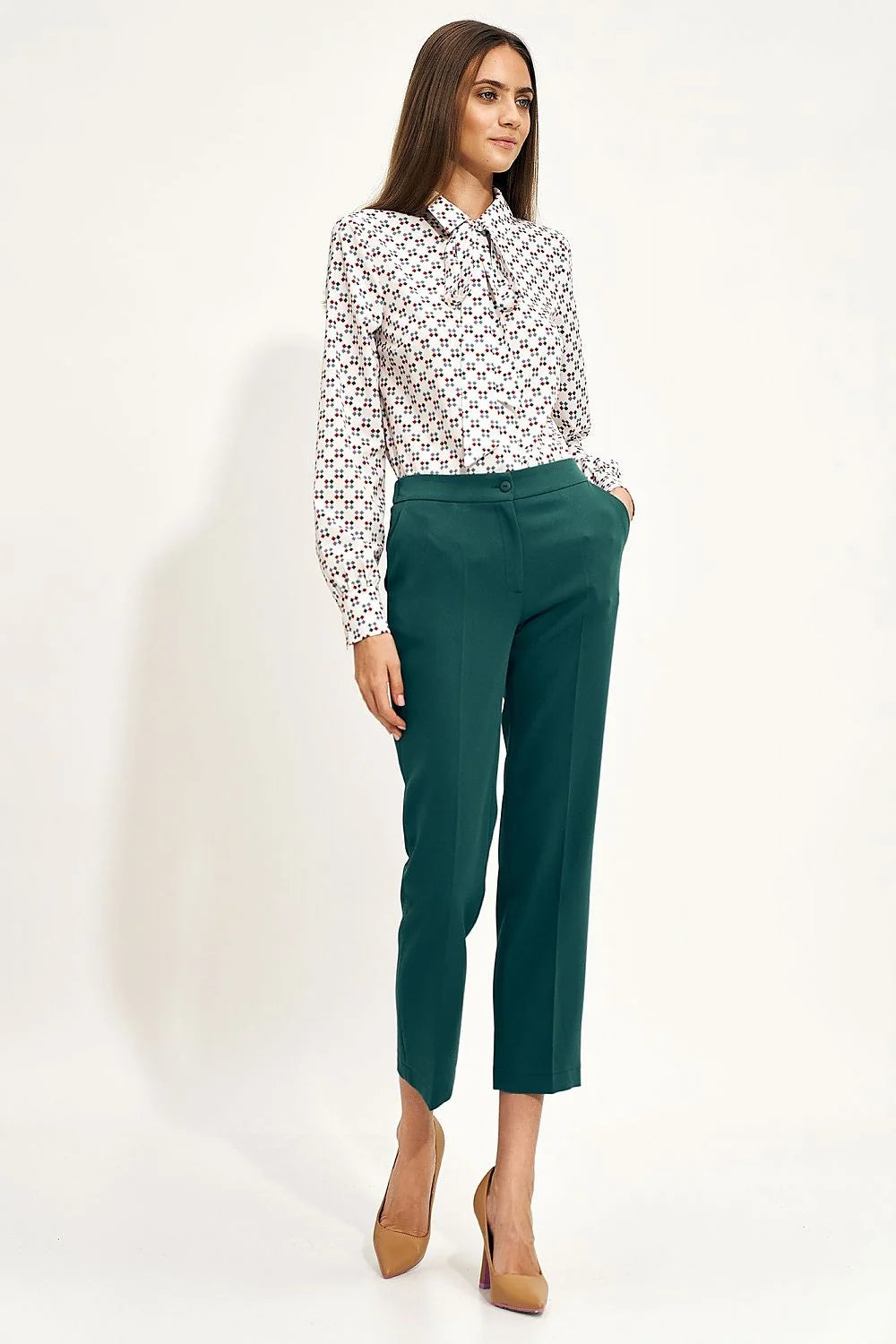 Pantalon femme Nife élégant vert foncé coupe droite taille élastique polyester élasthanne occasion professionnelle