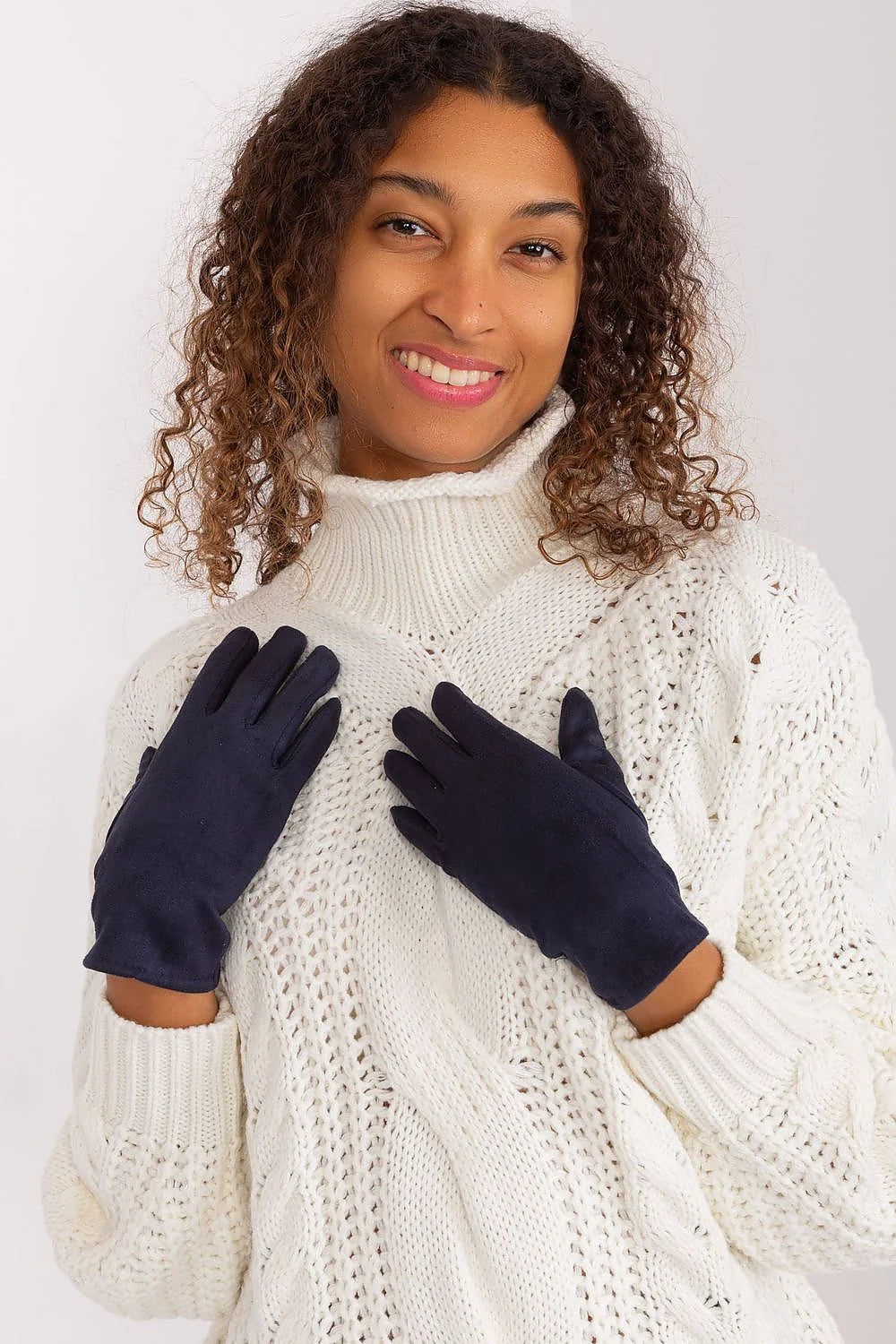 Gants élégants pour femmes en tissu lisse et isolant avec broderie fleur bleu marine