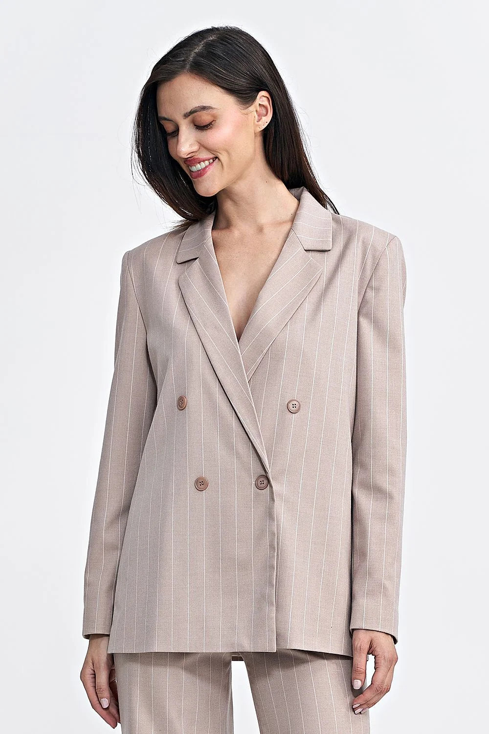 Veste de tailleur pour femme moderne élégante oversize rayures verticales beige rosé polyester viscose élasthanne manches longues boutonnage double