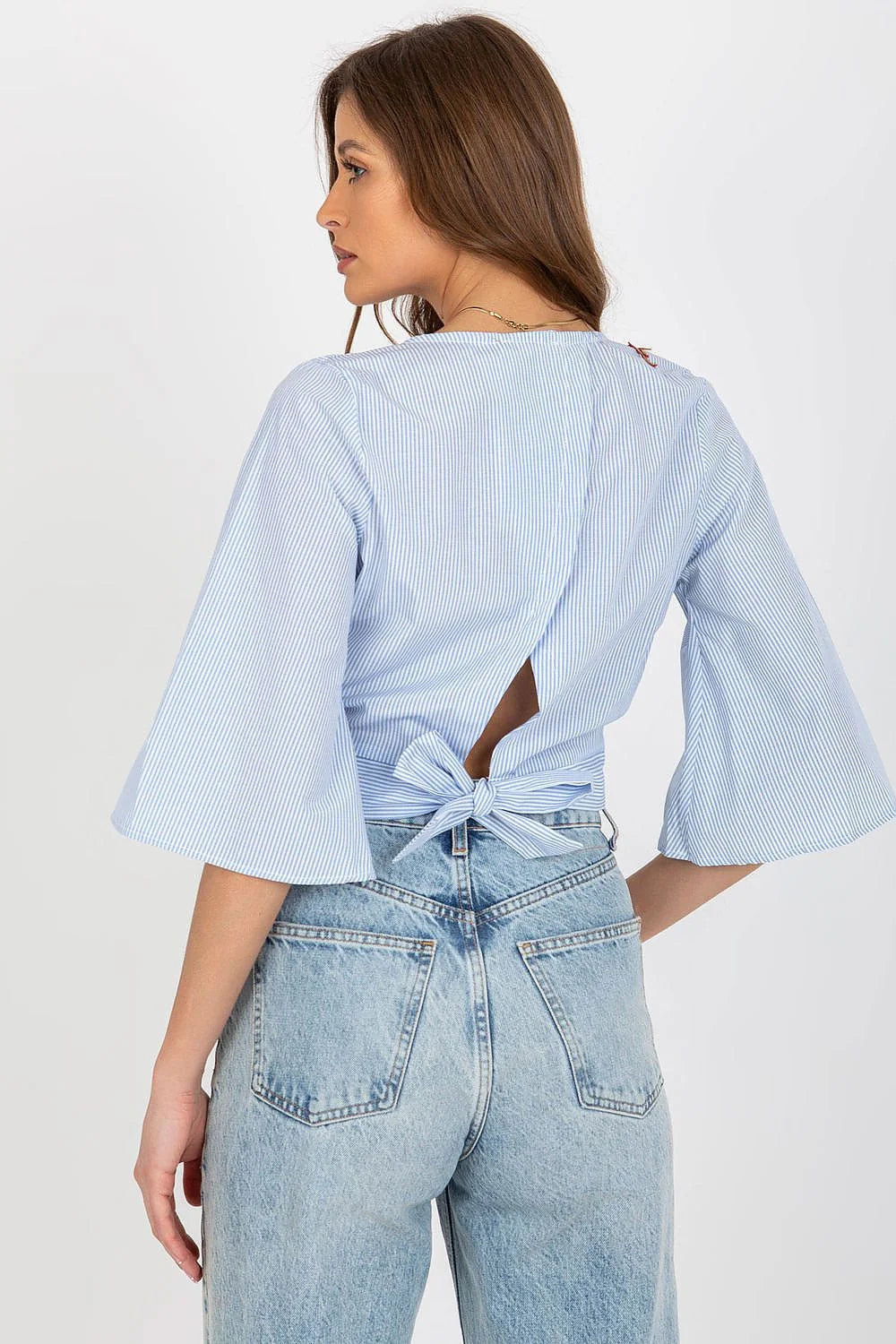 chemisier femme court cropped coton polyester respirant bleu ciel rayé col V manches trois quart kimono broderie florale rouge ceinture