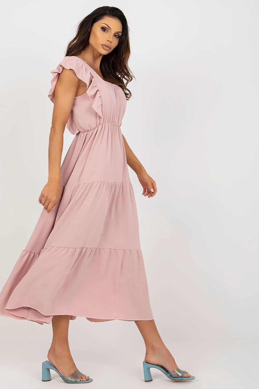 Robe d'été pour femme coupe ample manches courtes col carré taille élastiquée couleur rose pâle