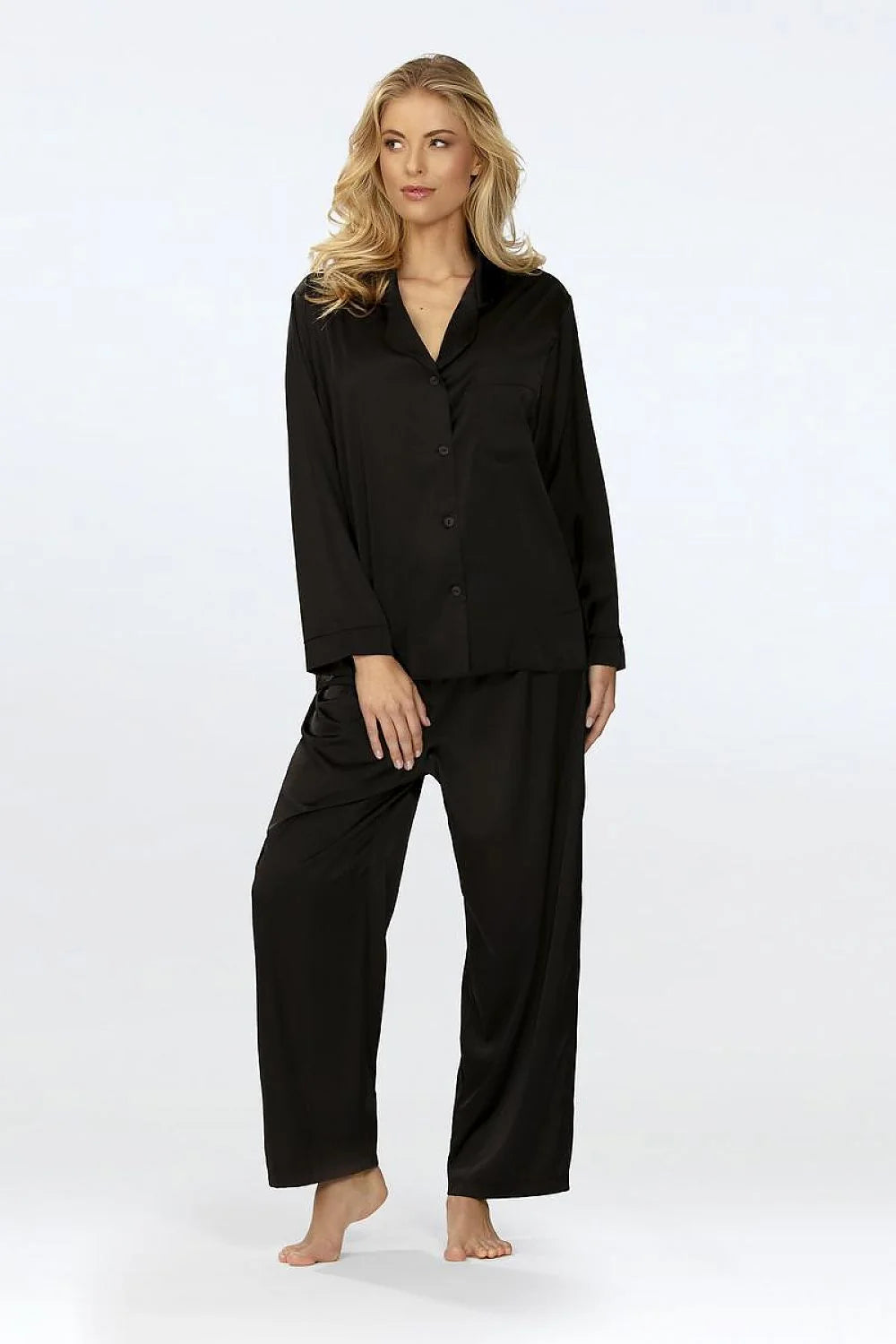 pyjama femme DKaren satin noir ébène manches longues pantalon long taille élastique coupe décontractée oversize poche poitrine boutons assortis luxueux