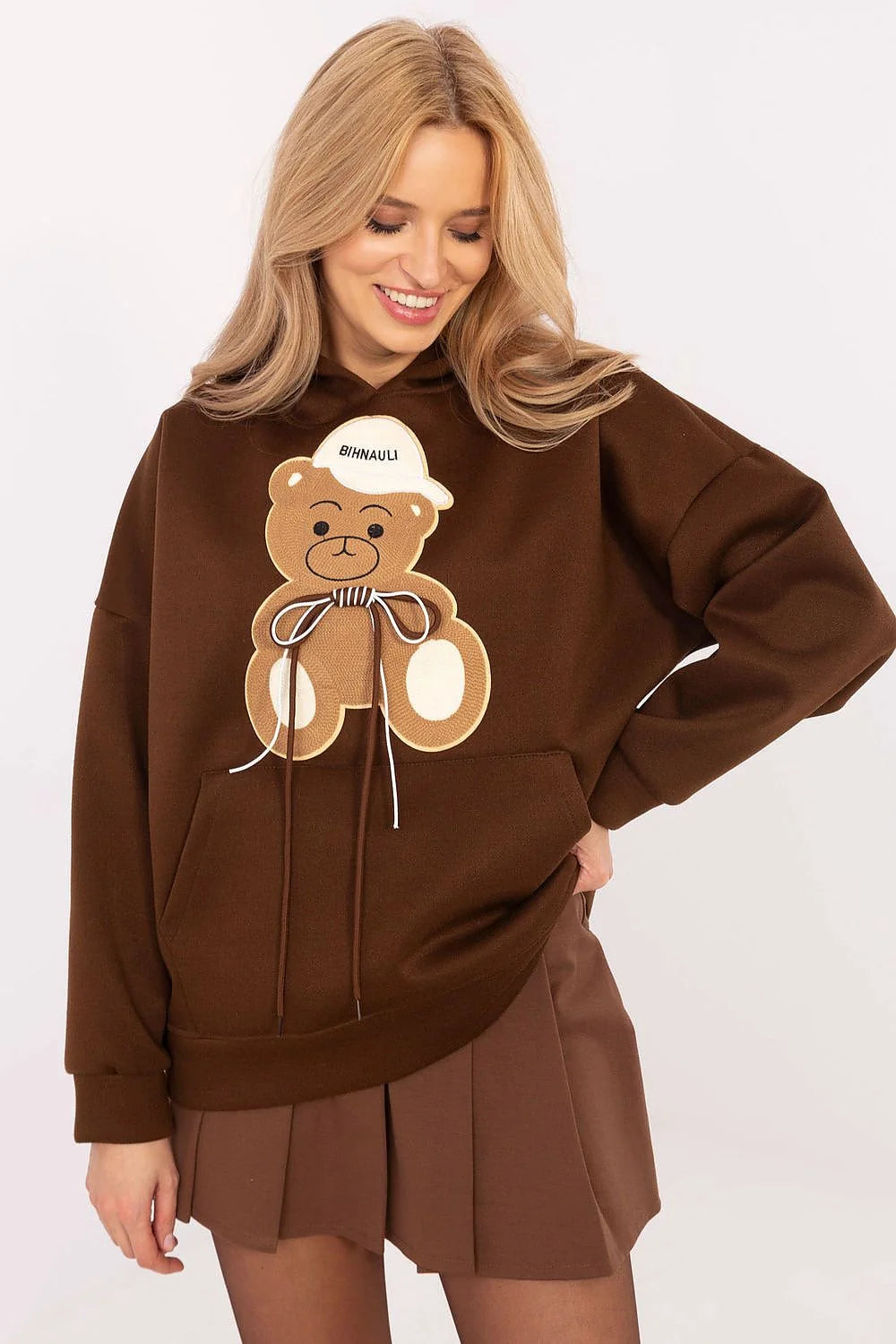 Sweatshirt femme style décontracté design ours en peluche capuche kangourou poche longues manches coton doux automne hiver