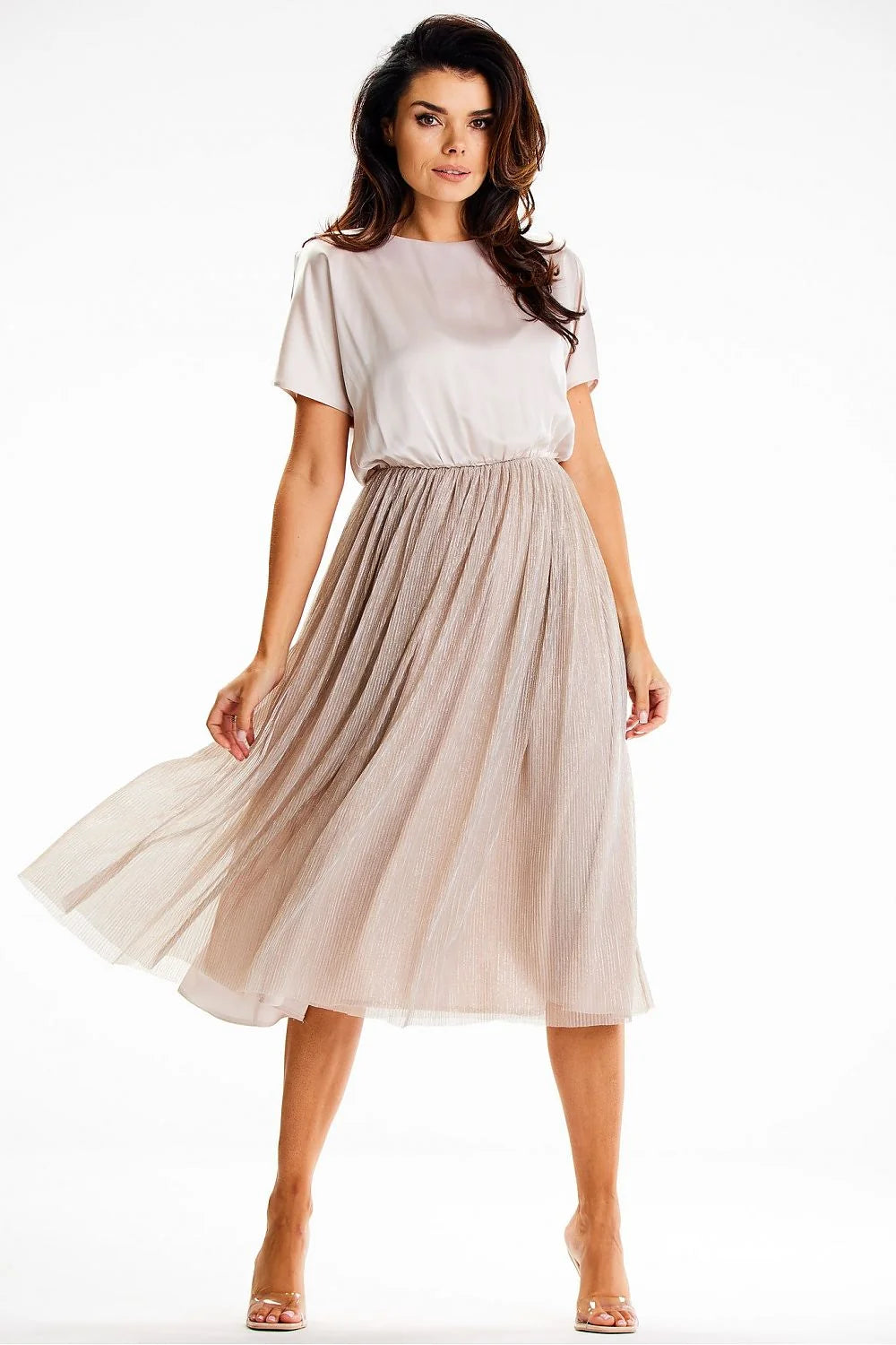 Robe de soirée élégante longueur midi coupe kimono satin maille brillante femme occasions formelles