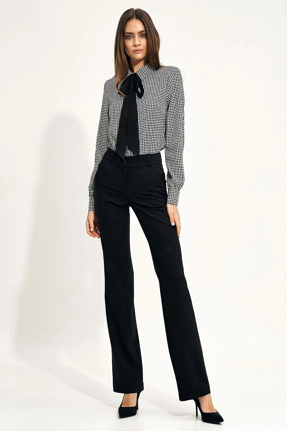 Pantalon long Nife noir femme style classique professionnel taille haute ceinture panneau cousu jambes évasées coupe ajustée polyester viscose élasthanne