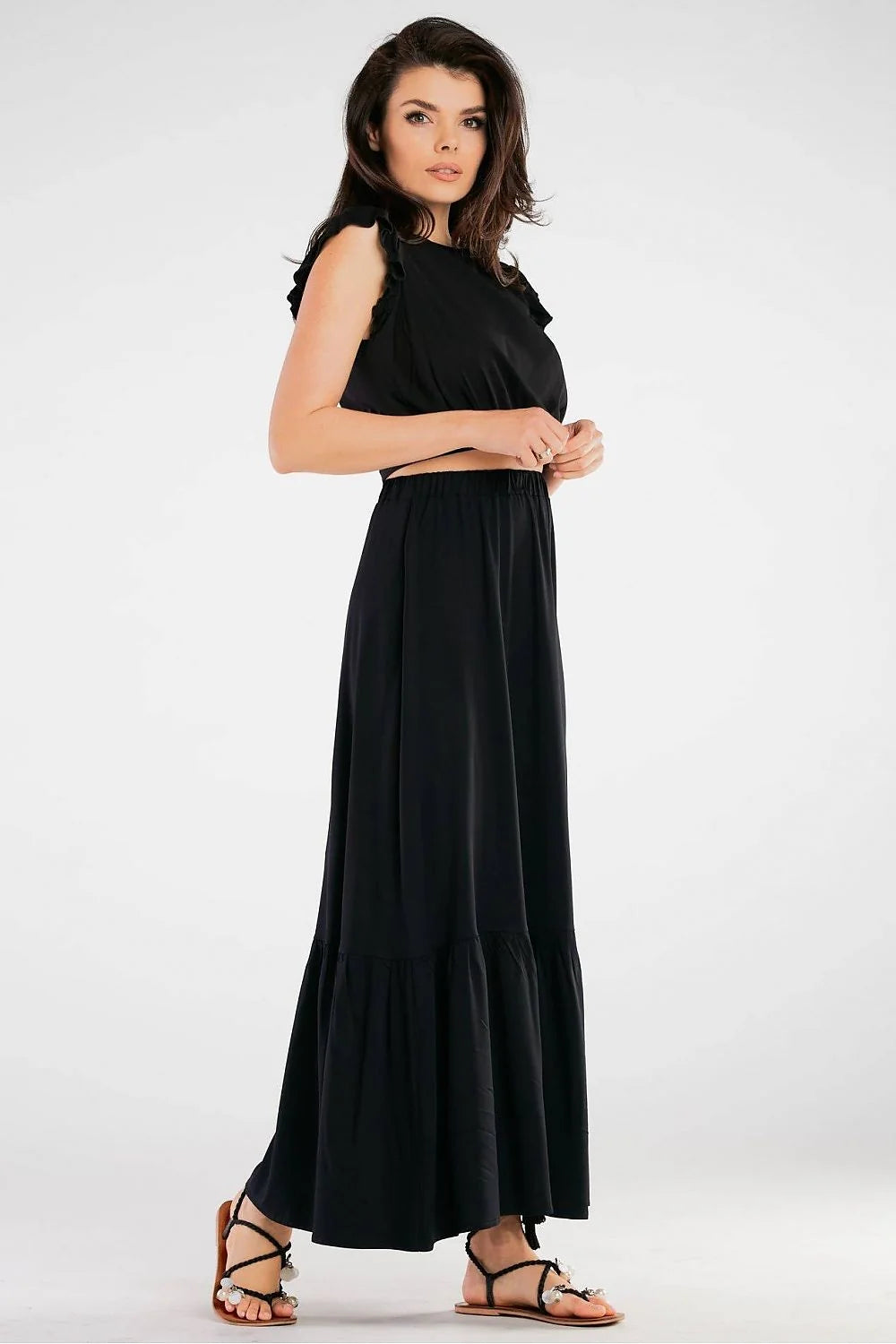 Robe longue élégante rouge viscosé femmes volants manches courtes taille élastiquée dos nu style été