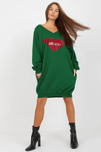 Robe pull décontractée femme style casual chic longueur prolongée motif losange MILANO vert profond manches longues coupe ample