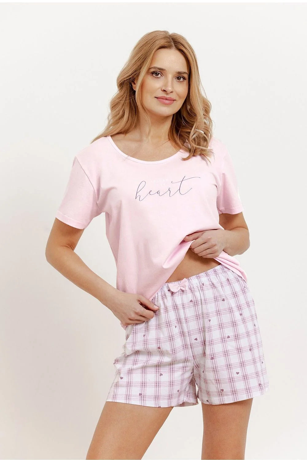 pyjama femme été élégant confortable manches courtes col rond imprimé coeur short carreaux rose élastique nœud