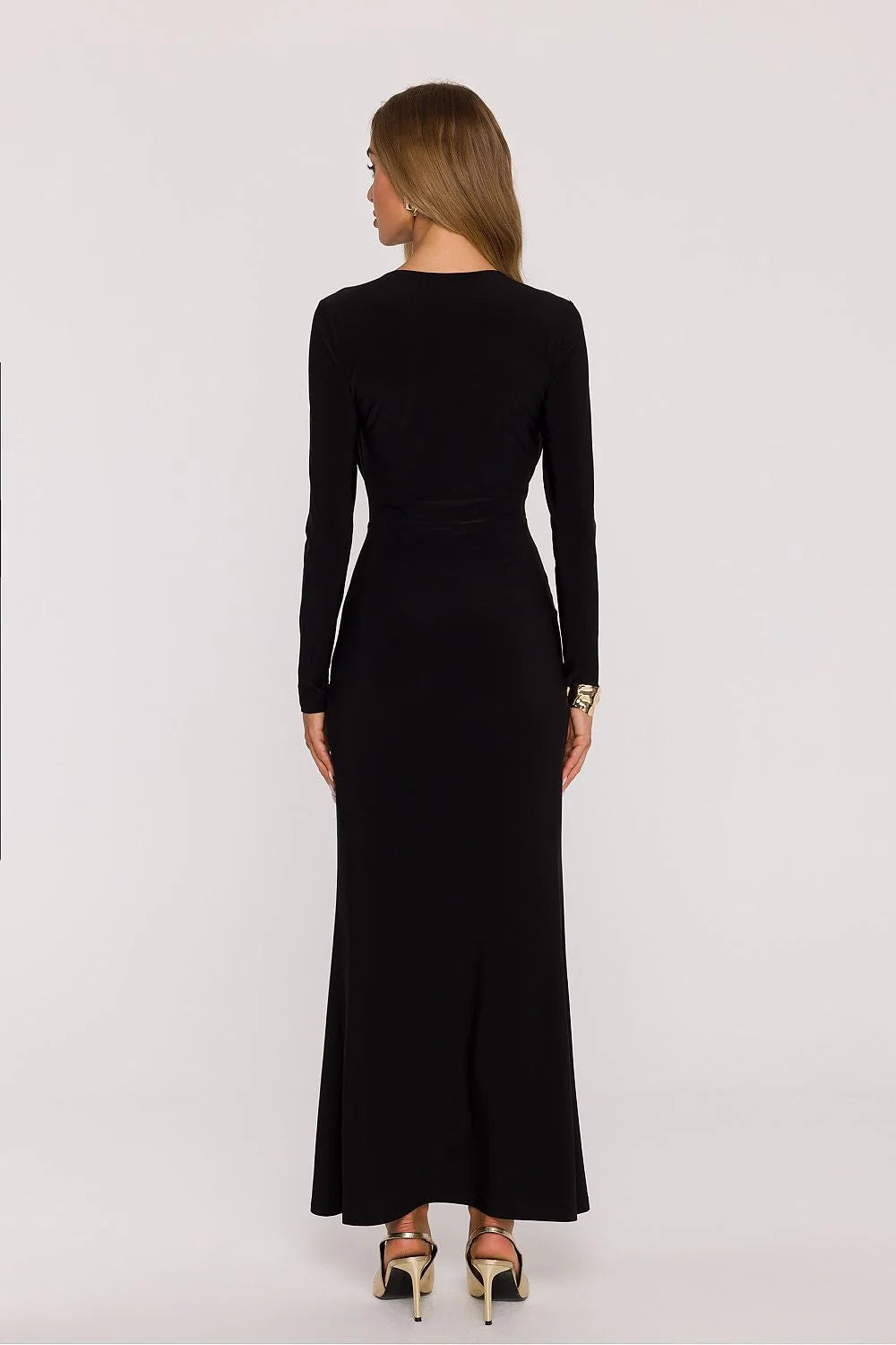 robe longue noire maxi élégante féminine moulante fluide jersey extensible décolleté plongeant manches longues taille drapée ceinture séparée polonaise