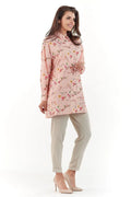 ensemble tunique pantalon floral rose pale polyester manches longues coupe droite semiformelle fluide doux col chemise mi cuisse