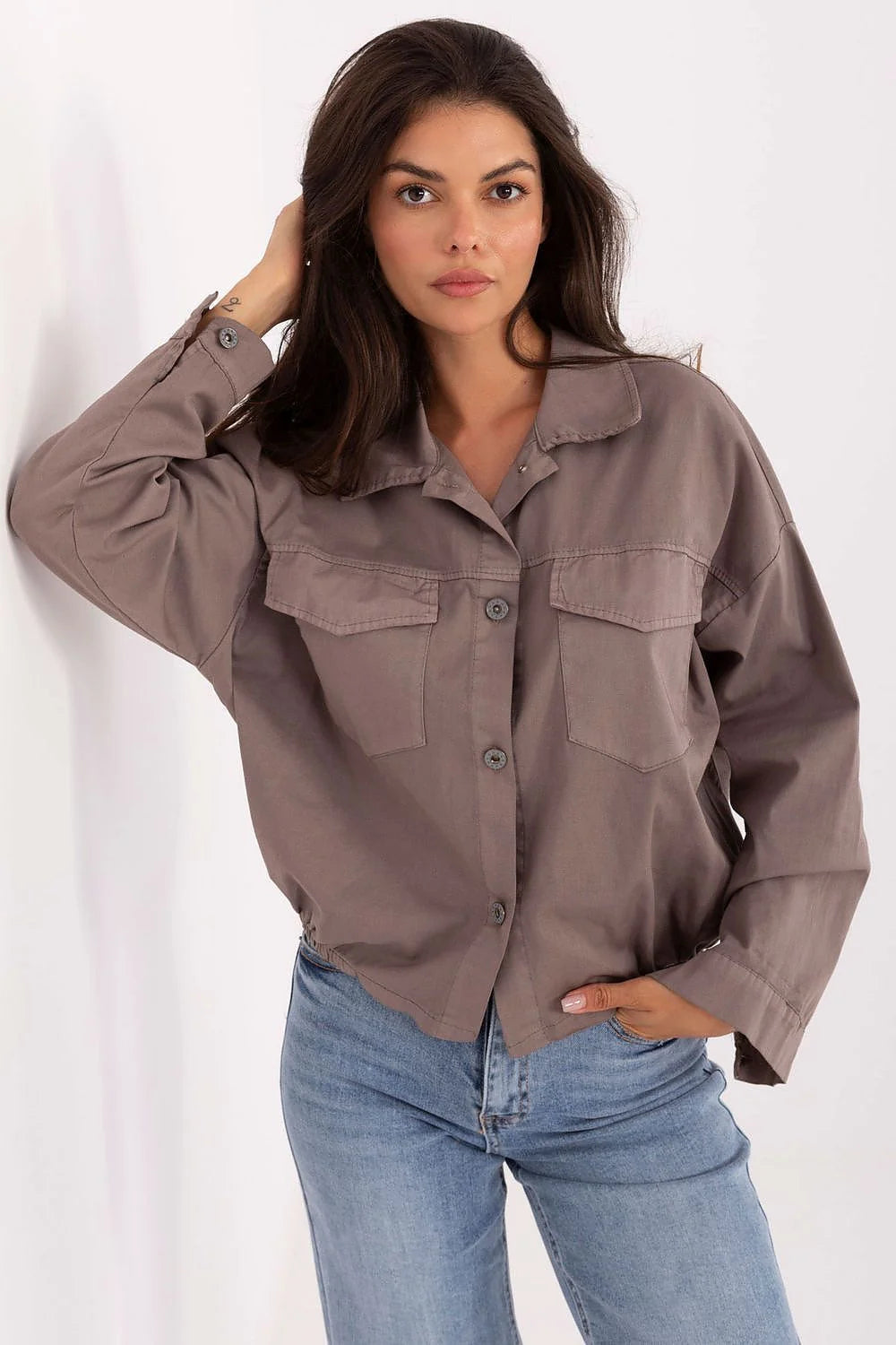 chemise femme manches longues coton stretch confortable respirante ajustée courte poches rabat taille élastique polyvalente décontractée élégante