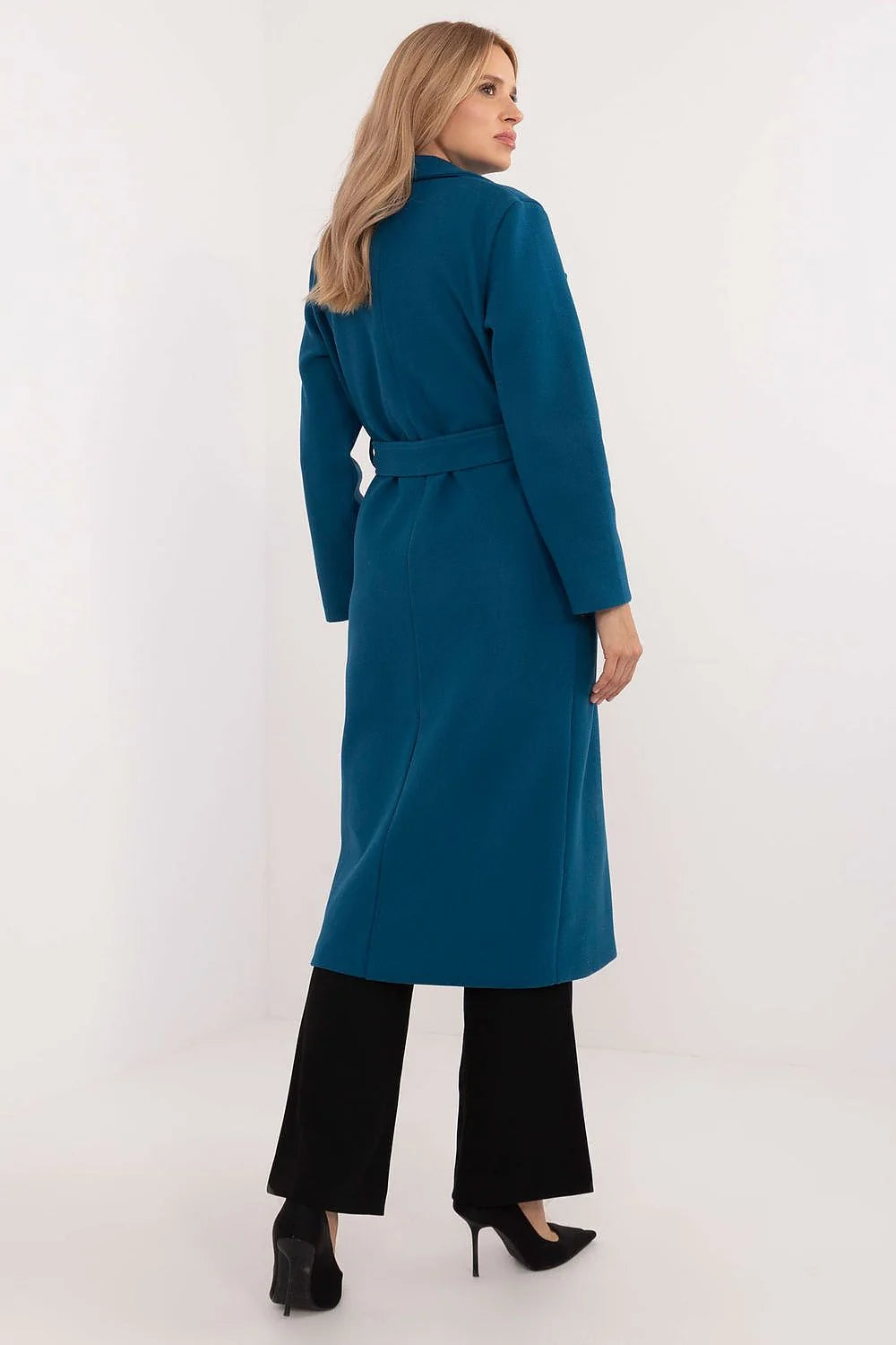 Manteau pour femme élégant long bleu canard design minimaliste col large ceinture ajustable manches longues poches latérales automne printemps