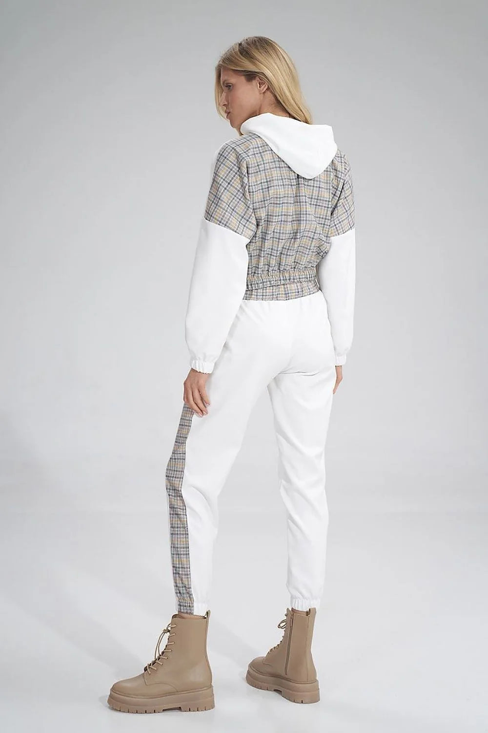 Pantalon survêtement femme tissu synthétique décontracté blanc élégant bandes carreaux confort ceinture élastique