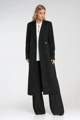manteau longue femme tailleur doubleboutonnage col revers épaules structurées silhouette droite chevron flanelle noir poches rabat doublée confortable bureau élégante