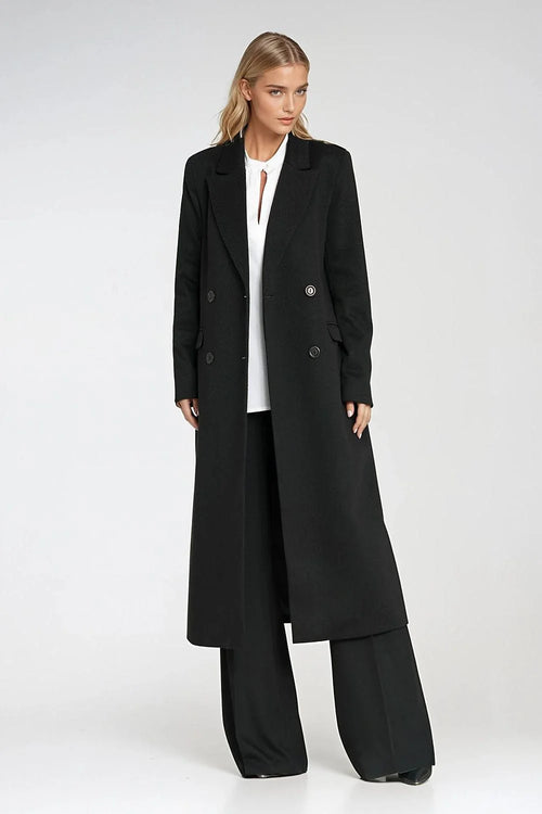 manteau longue femme tailleur doubleboutonnage col revers épaules structurées silhouette droite chevron flanelle noir poches rabat doublée confortable bureau élégante