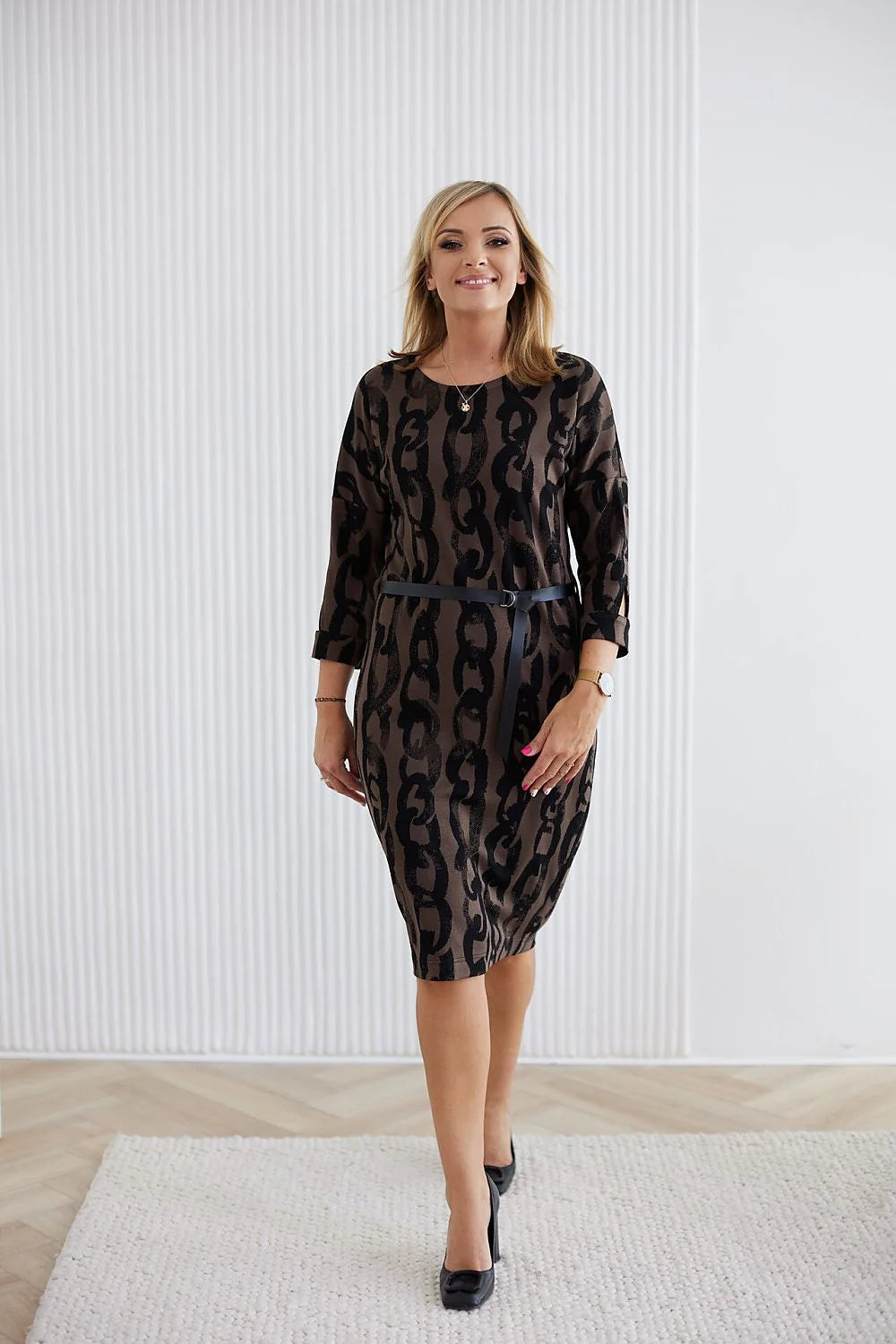 Robe de jour élégante La Aurora jersey jacquard manches tombantes ceinture similicuir femmes matures taille plus