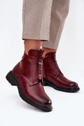 bottines femme simili cuir bordeaux cheville bout rond semelle crantée noire talon bas 4cm fermeture éclair doublure chaude boucle métal