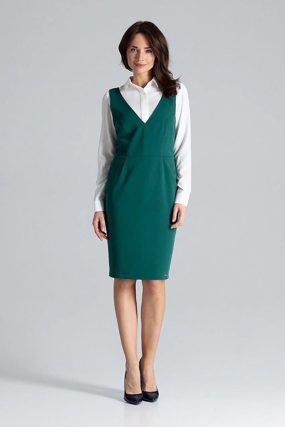 Robe de jour élégante sans manches V profond dos ouvert ajustée robe chemisier longues manches vert émeraude blanc tailleur femmes