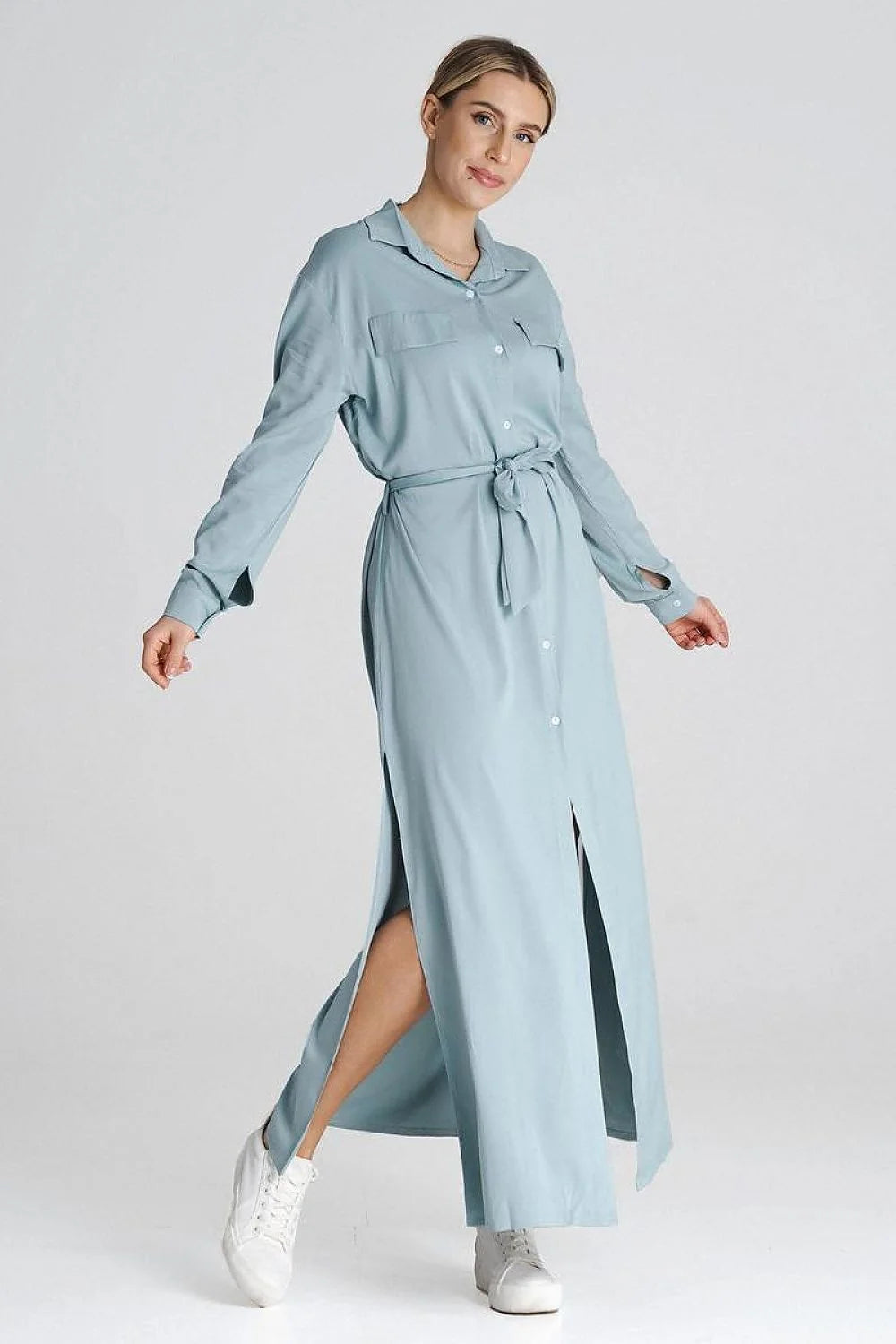 Robe de jour Figl longue chemise style moderne élégant col chemise manches longues boutons poignets ceinture taille fente latérale sans poches
