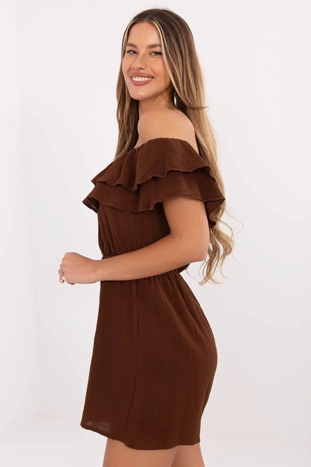 Combishort femme marron décontracté élégant mousseline coton linéaire épaules nues volants ruches taille élastiquée