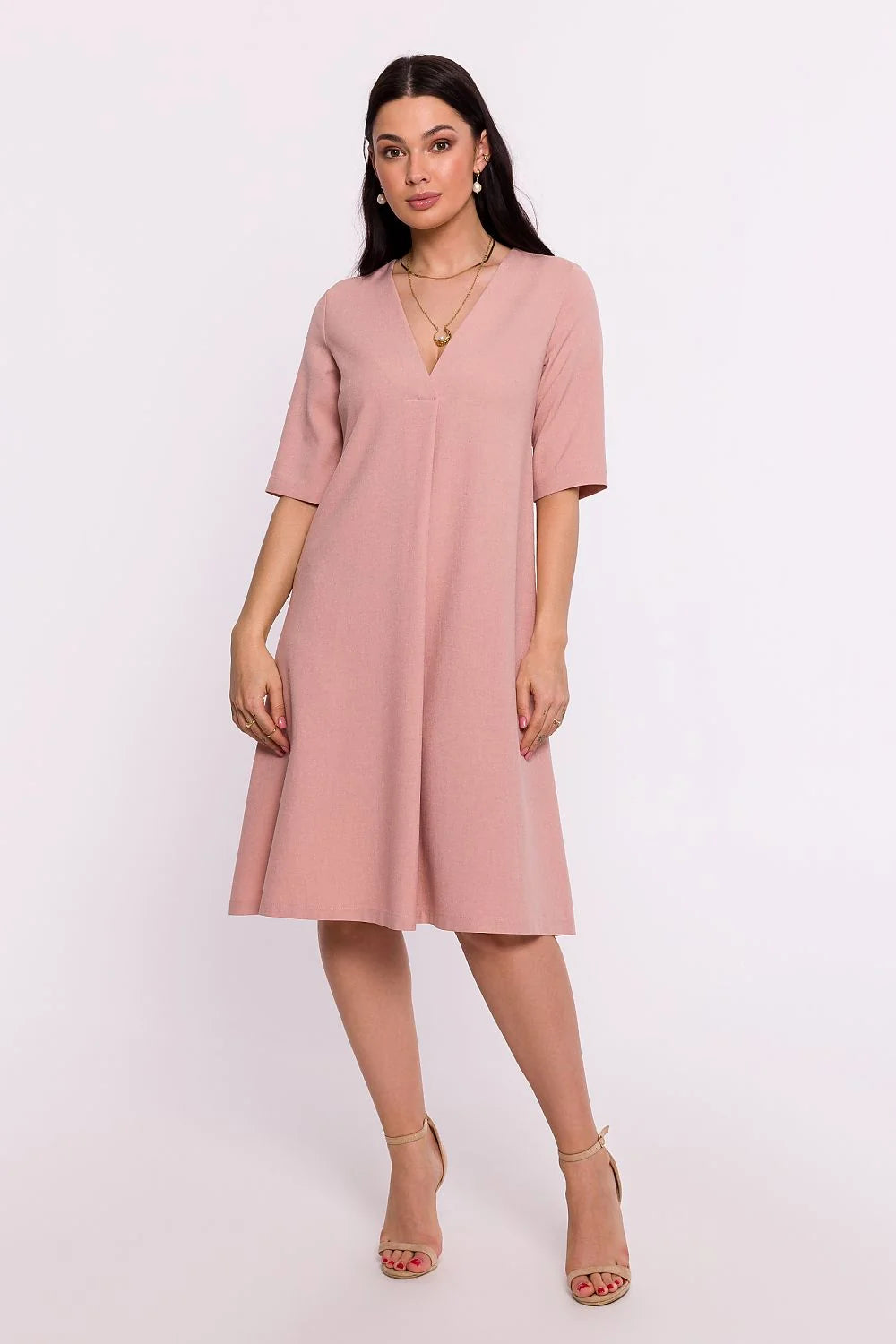 Robe élégante pour femme en tissu doux, style minimaliste, manches courtes, encolure en V, coupe A, couleur rose poudré, occasion polyvalente