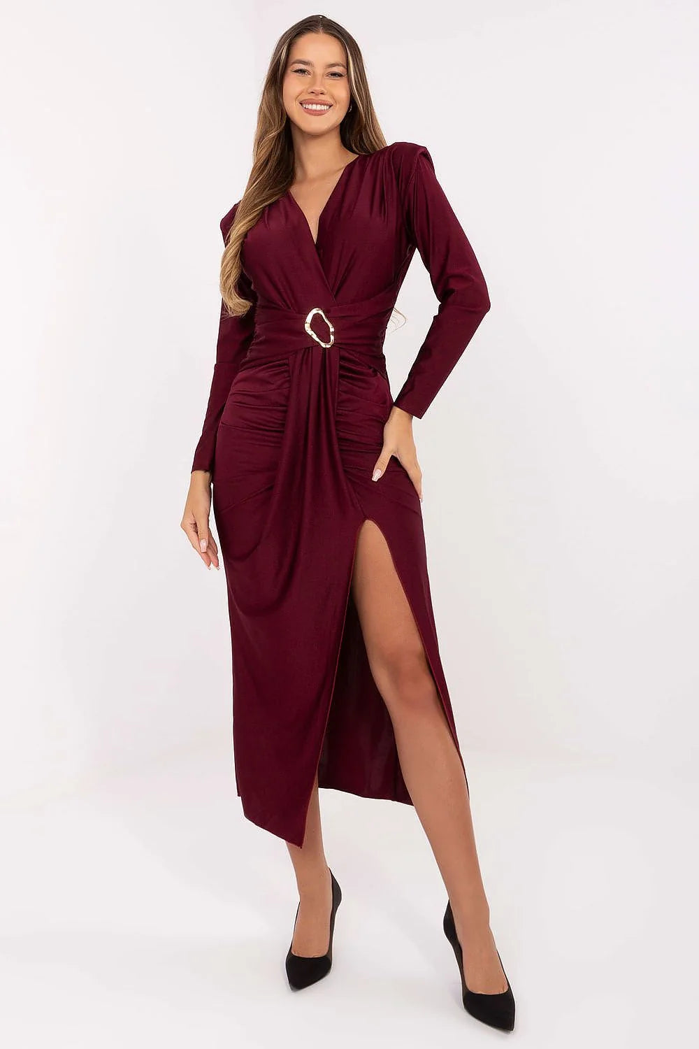robe soirée femme midi bordeaux profond crayon drapé portefeuille colV manches longues fente asymétrique boucle dorée