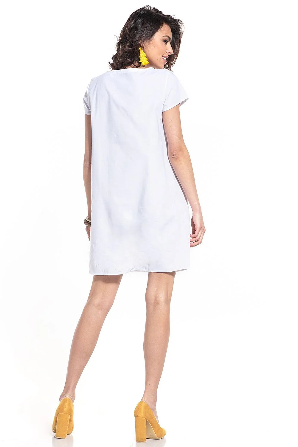 robe jour féminine fluide coton noir manches courtes coupe ample droite trapèze col rond fronces popeline légère structurée longueur genou