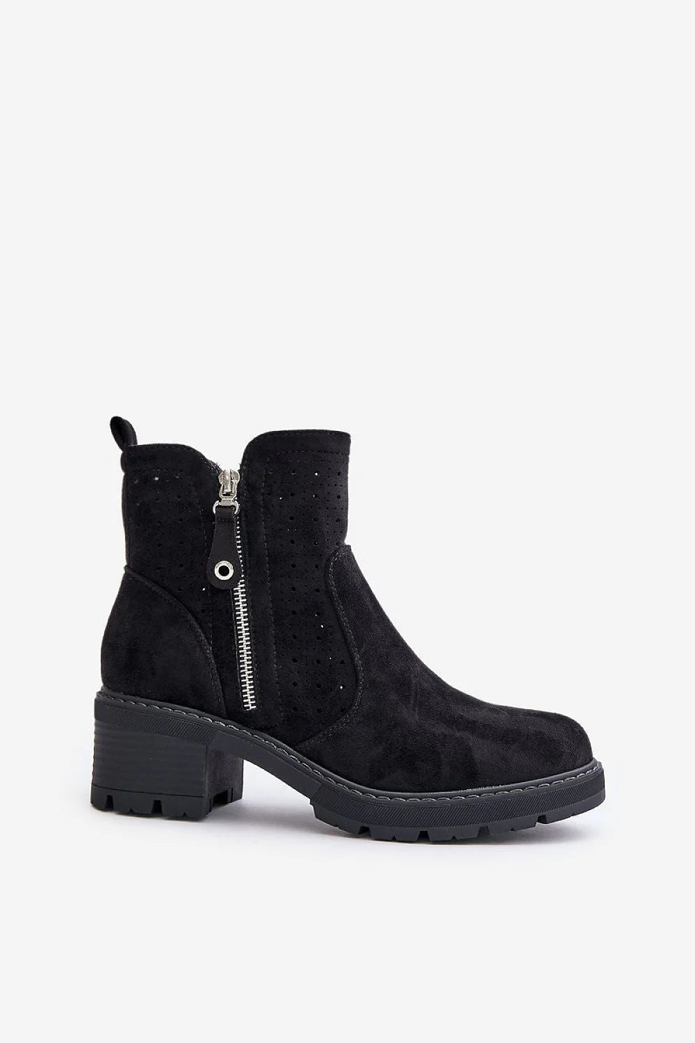 Bottines en cuir suédé noir talon carré 4cm fermeture zip métallique argenté perforations décoratives polyvalentes pour femmes