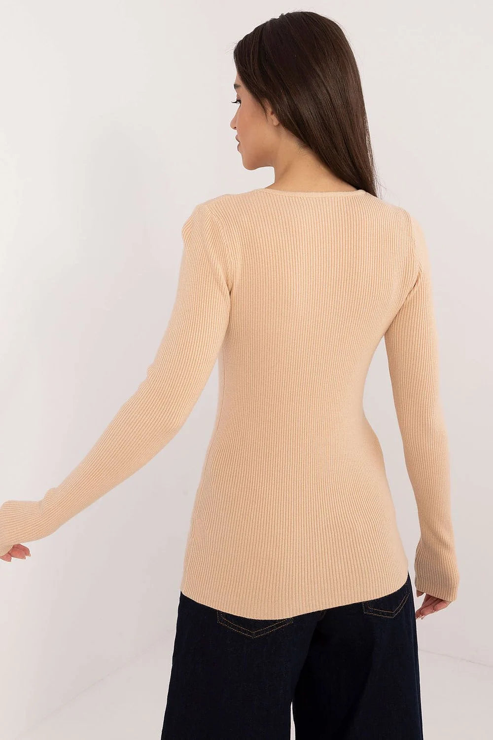 Pull femme décontracté manches longues col rond boutons décoratifs viscose polyester polyamide beige nude longueur standard coupe ajustée texture côtelée élastique confort élégance polyvalent travail quotidien occasions spéciales