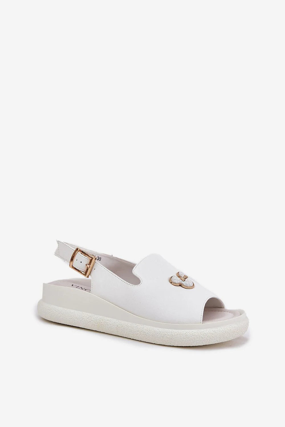 Sandales femmes ouvertes Vinceza style moderne cuir synthétique blanc talon compensé détails dorés été 2023