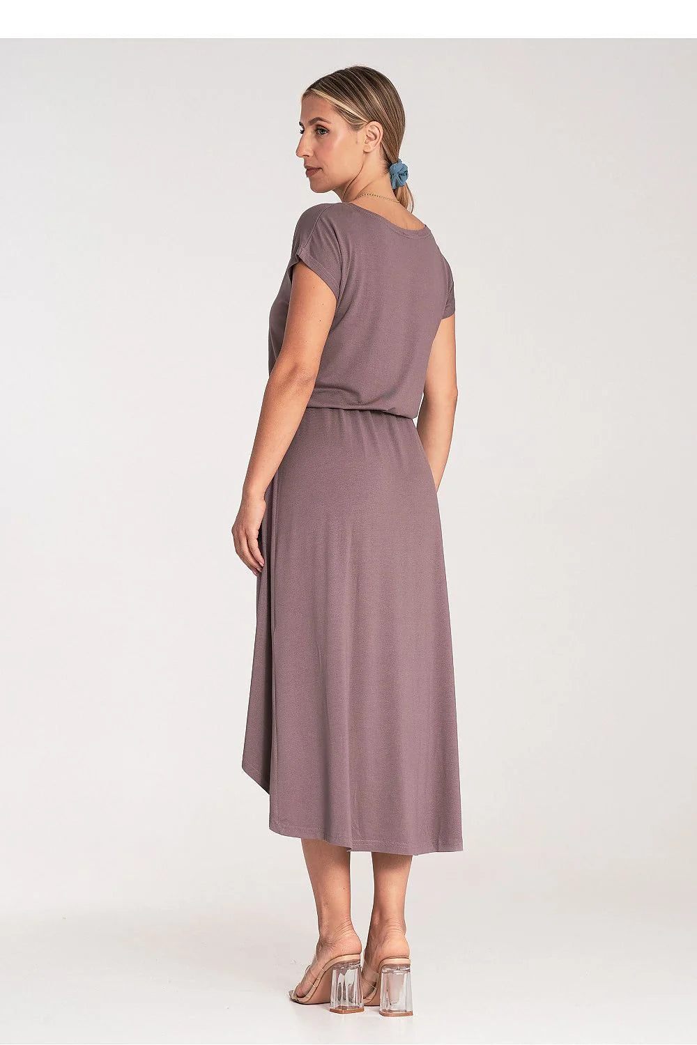 Robe de jour Figl taupe asymétrique en viscose élasthanne manches courtes ceinture ajustable femme