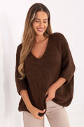 pull femme oversize grosse maille marron chocolat col V profond epaules tombantes manches troisquarts coupe ample longueur hanches