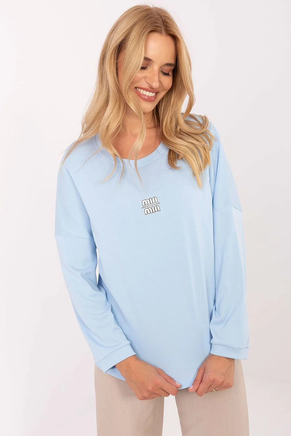 sweatshirt femme manches longues col rond bleu pastel coupe ample épaules tombantes jersey doux coton élasthanne confortable