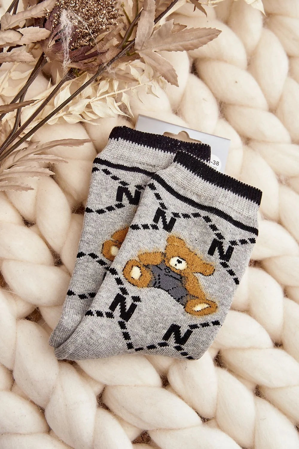 Chaussettes pour femmes Step in style, design ours peluche, motifs N, trépointe, coton 85%, élasthanne 5%, polyamide 10%, style ludique, coupe classique, gris doux, froid, confort, mode