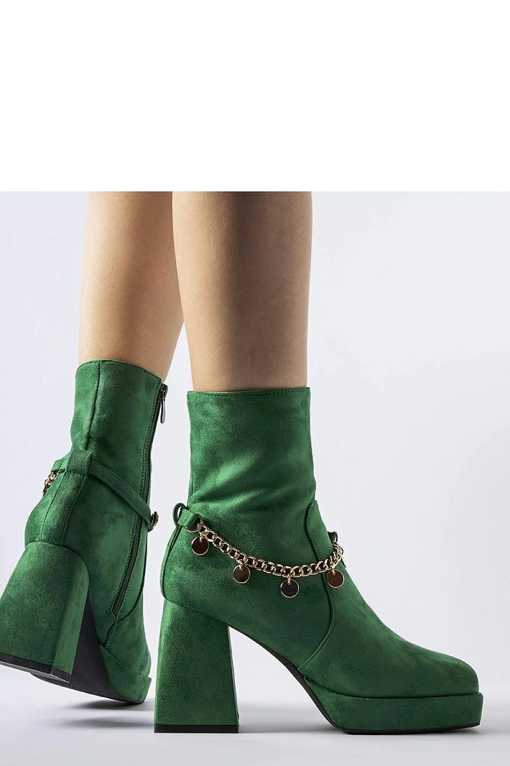 Bottes à talons carrés vertes en daim femmes, style audacieux, fermeture éclair, chaîne dorée, confort thermique, idéales pour soirées ou tenues quotidiennes
