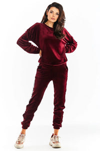 Ensemble survêtement femme velours bordeaux décontracté manches longues confort poches style chic maison