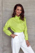 Chemise manche longue Roco Fashion vert lime, coupe raccourcie, col classique, élastique taille, tissu qualité, style moderne, femme