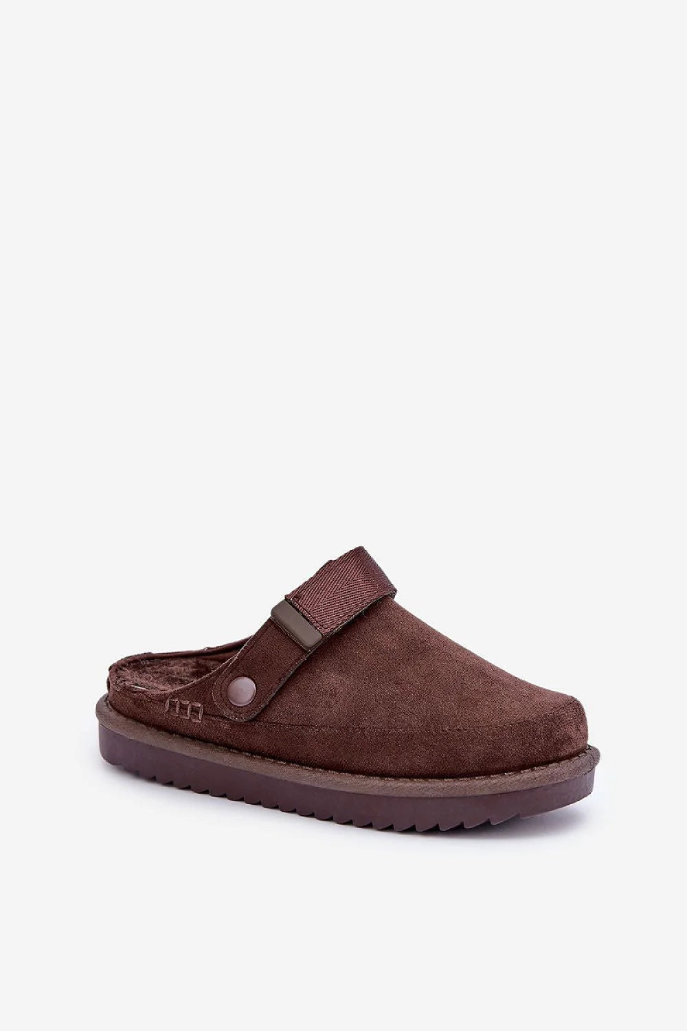 Mules femme élégantes en suédine écologique couleur marron, intérieur fourrure douce, plateforme 2.5 cm, fermeture Velcro, parfaites pour la maison et les sorties décontractées, style moderne et tendance