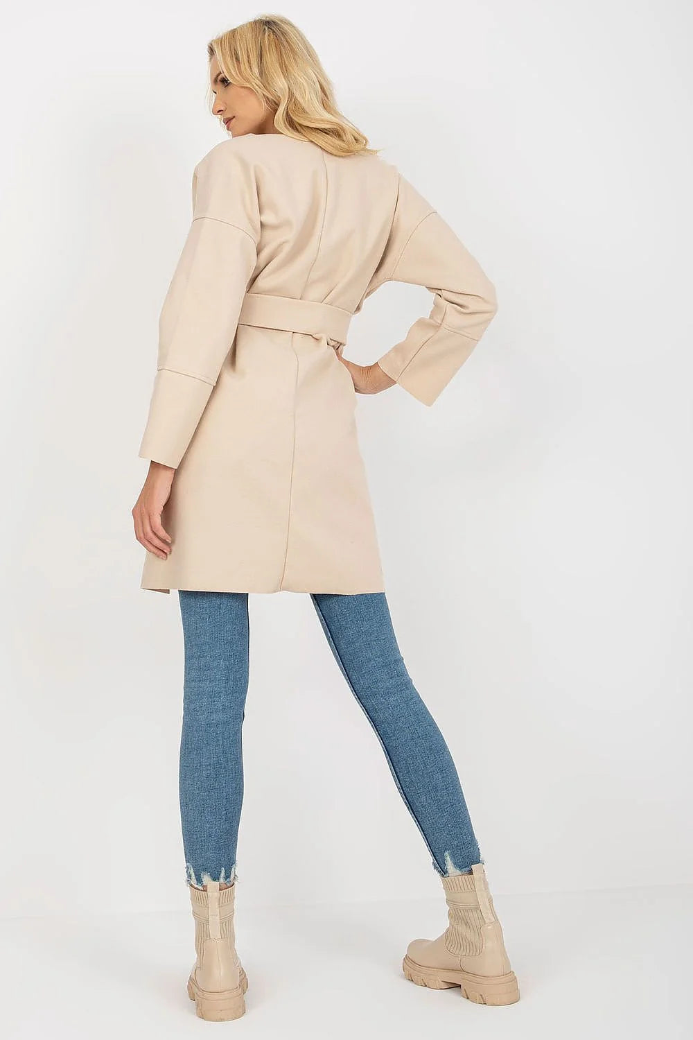 Manteau Och Bella pour femme style élégant moderne coupe structurée ceinture ajustable manches longues poches latérales beige polyester