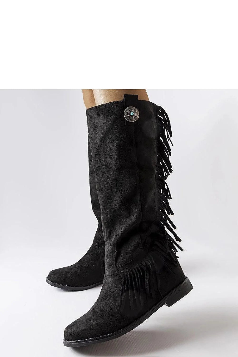 Bottes cothurnes western pour femmes en suédé noir, franges décoratives, ornements métalliques, genouillère, ajustement parfait, confortable, style moderne et traditionnel,多种 occasions