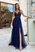 Robe longue élégante soirée dentelle manches épaules décolleté cœur fente haute bleu marine femme taille ajustable