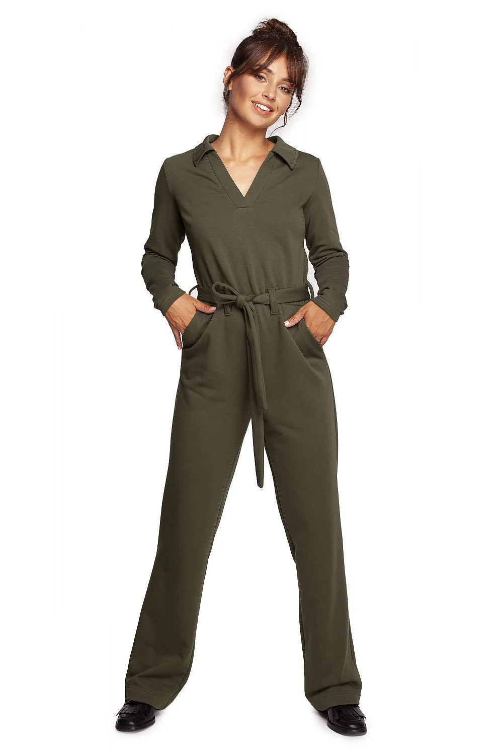 Combinaison Be Wear pour femme, violet intense, combi-pantalon ajusté, col classique, manches longues, ceinture intégrée, poches latérales, tissu doux, 90% coton, 10% polyester